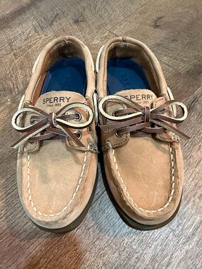 Sperry Kids Tan Suede Moccasin Boat Shoes with Brown Laces